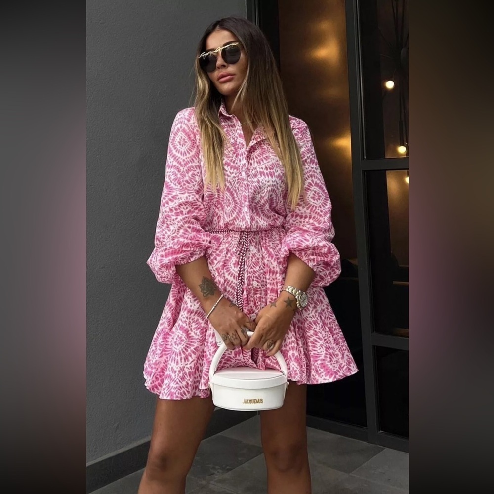 Zara Pink Printed Mini Shirt Dress XS